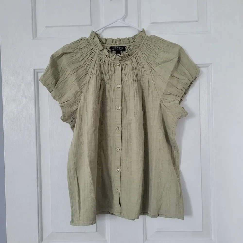 J.Crew Smocked-Neck Top‎ Women's Size Small Pale Surplus Puff Sleeves Button Up